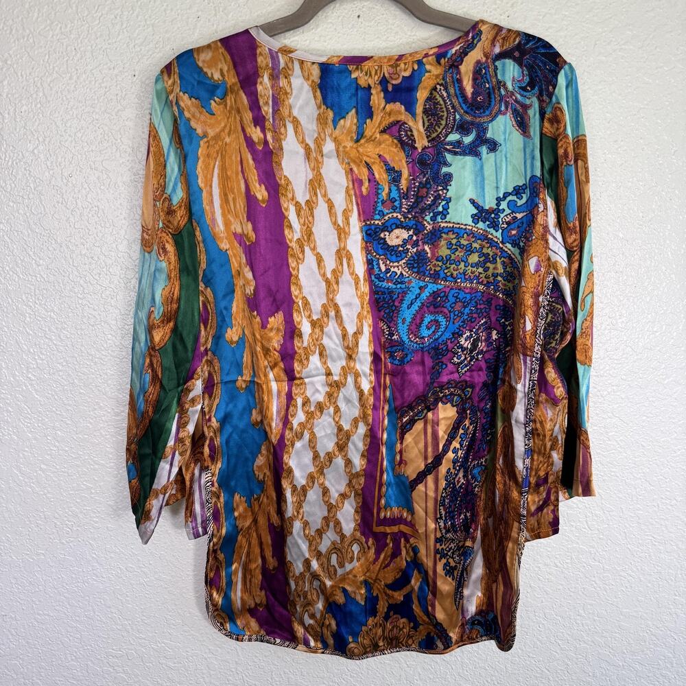Alberto Makali Top Womens Large Silk Baroque Print Blouse Boho Artsy Chic Resort - Picture 2 of 12